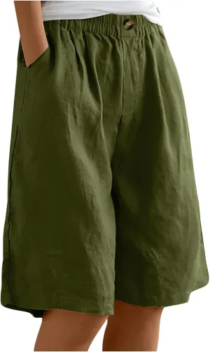Women Summer Cotton Linen Bermuda Shorts Elastic Waist Wide Leg Shorts Loose Knee Length Shorts Casual Beach Shorts