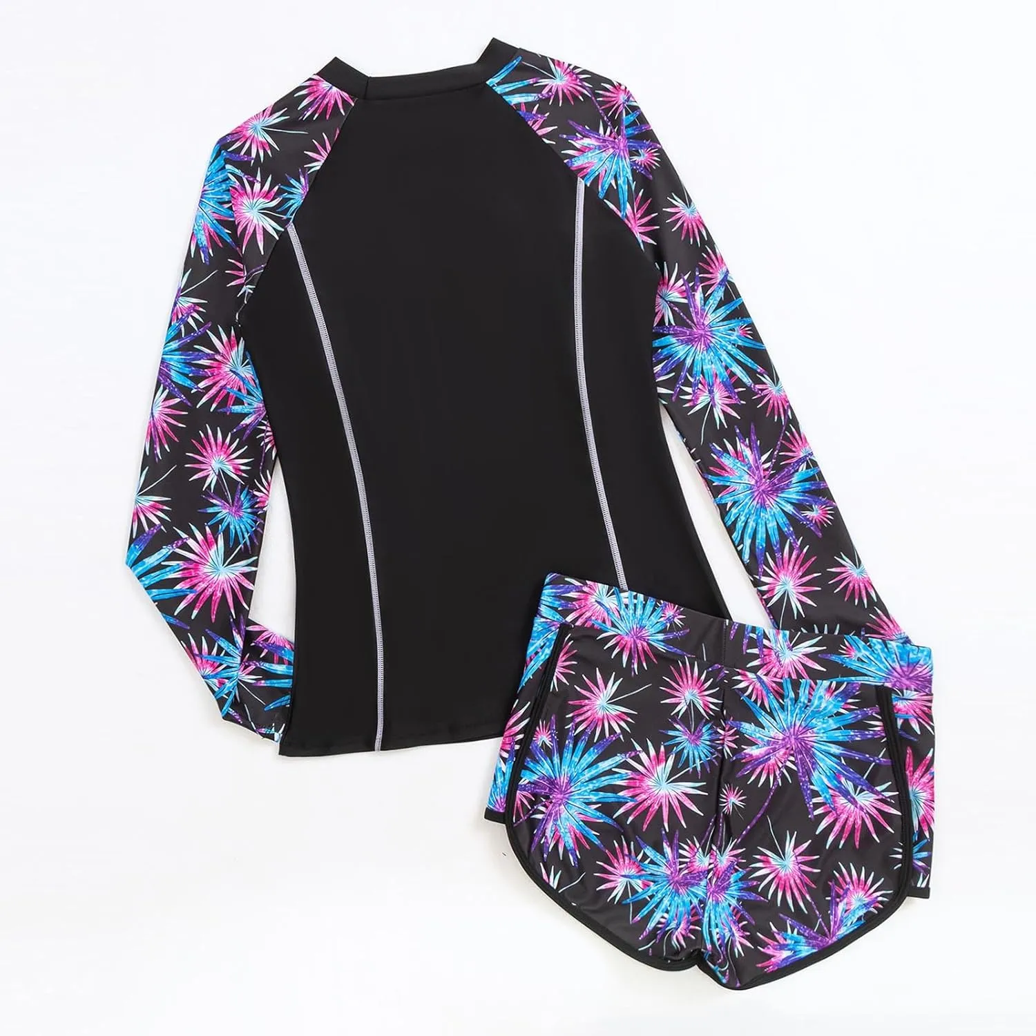 Women Two Piece Rash Guard Long Sleeve Swimwear UV UPF 50  Bathing Suit Tropical Print Swim Shirt with Boyshort Bottom