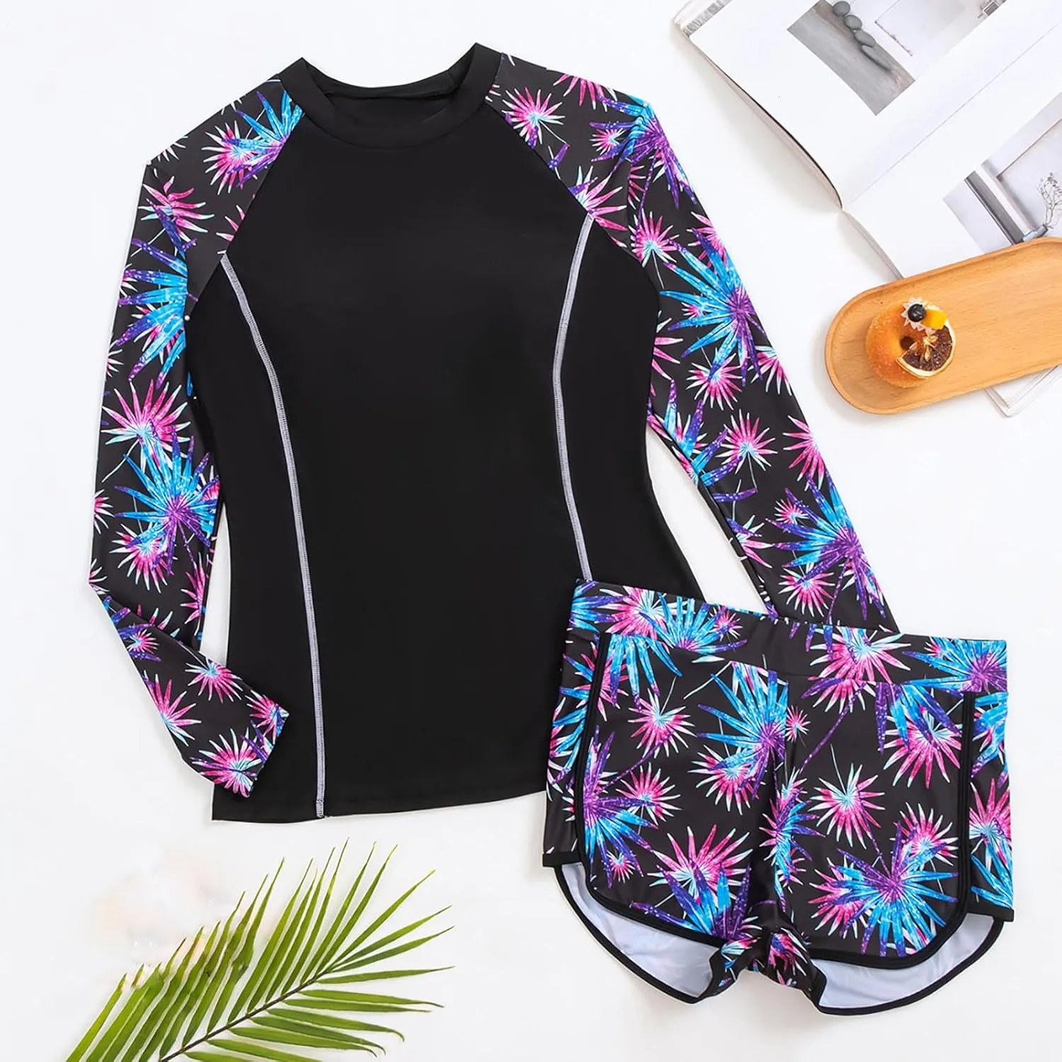 Women Two Piece Rash Guard Long Sleeve Swimwear UV UPF 50  Bathing Suit Tropical Print Swim Shirt with Boyshort Bottom