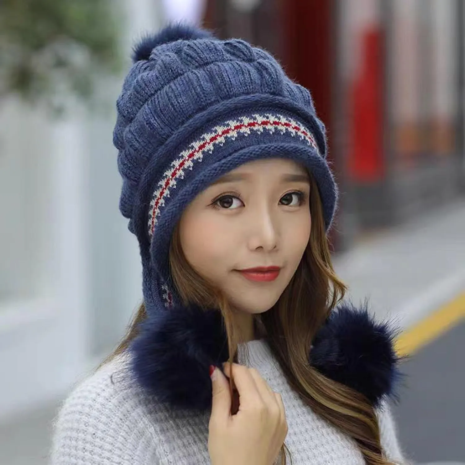 Women Winter Beanie Hat with Pompoms Ski Snow Ear Flaps Sherpa Knit Thick Warm Soft Hats Windproof for Cold Weather