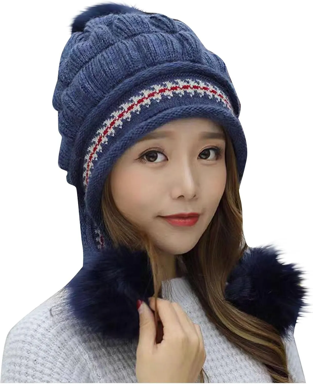 Women Winter Beanie Hat with Pompoms Ski Snow Ear Flaps Sherpa Knit Thick Warm Soft Hats Windproof for Cold Weather