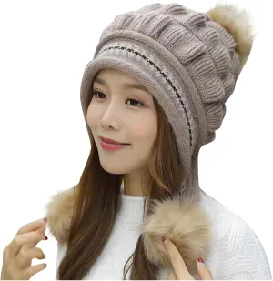 Women Winter Beanie Hat with Pompoms Ski Snow Ear Flaps Sherpa Knit Thick Warm Soft Hats Windproof for Cold Weather