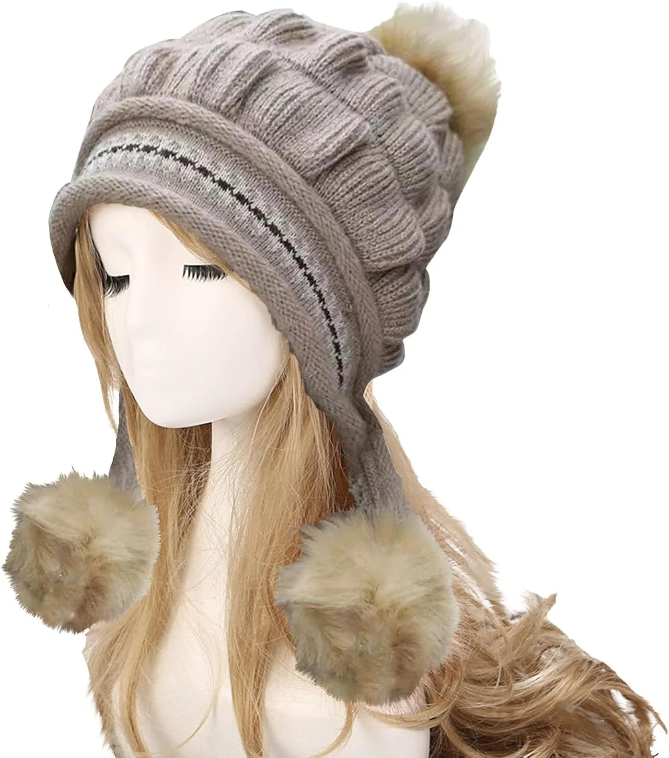 Women Winter Beanie Hat with Pompoms Ski Snow Ear Flaps Sherpa Knit Thick Warm Soft Hats Windproof for Cold Weather