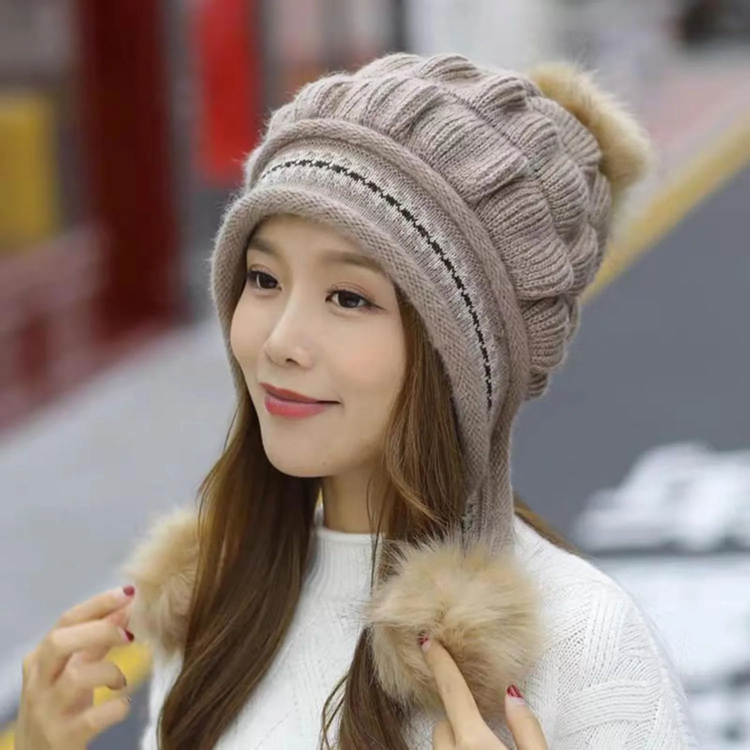 Women Winter Beanie Hat with Pompoms Ski Snow Ear Flaps Sherpa Knit Thick Warm Soft Hats Windproof for Cold Weather