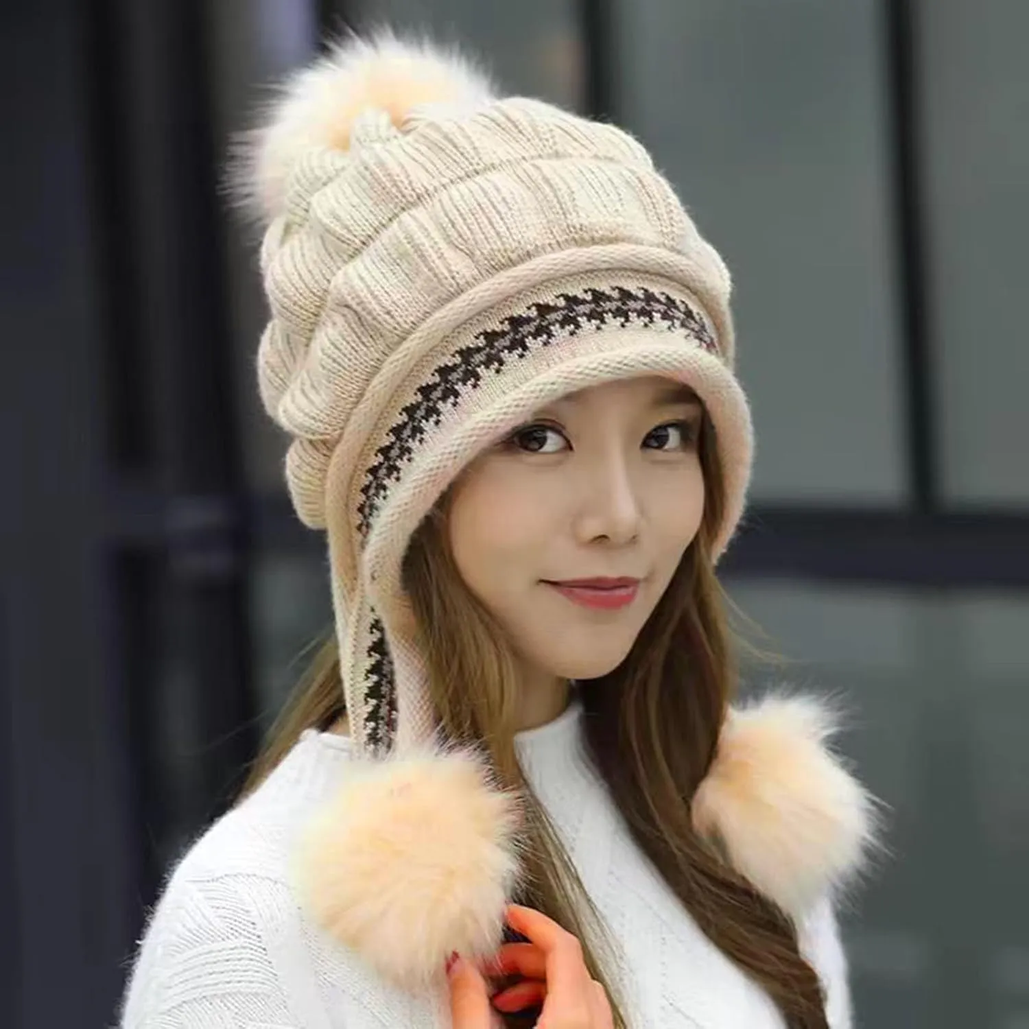 Women Winter Beanie Hat with Pompoms Ski Snow Ear Flaps Sherpa Knit Thick Warm Soft Hats Windproof for Cold Weather