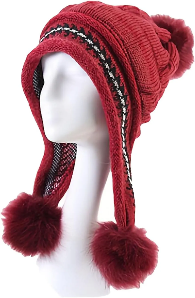 Women Winter Beanie Hat with Pompoms Ski Snow Ear Flaps Sherpa Knit Thick Warm Soft Hats Windproof for Cold Weather