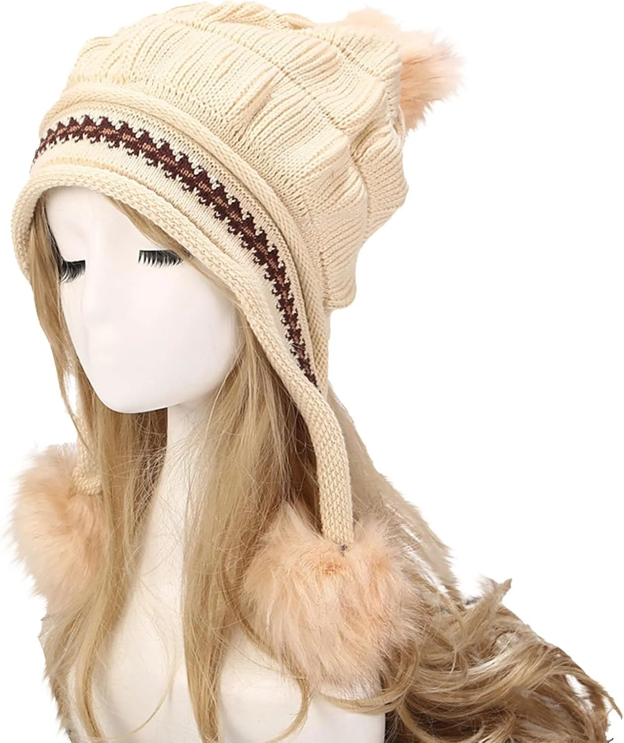 Women Winter Beanie Hat with Pompoms Ski Snow Ear Flaps Sherpa Knit Thick Warm Soft Hats Windproof for Cold Weather