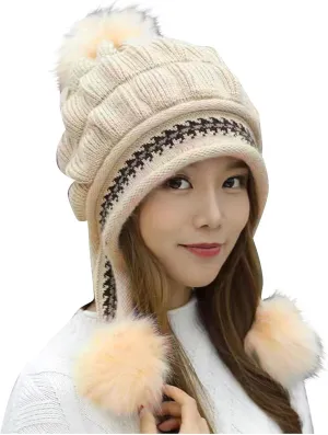 Women Winter Beanie Hat with Pompoms Ski Snow Ear Flaps Sherpa Knit Thick Warm Soft Hats Windproof for Cold Weather