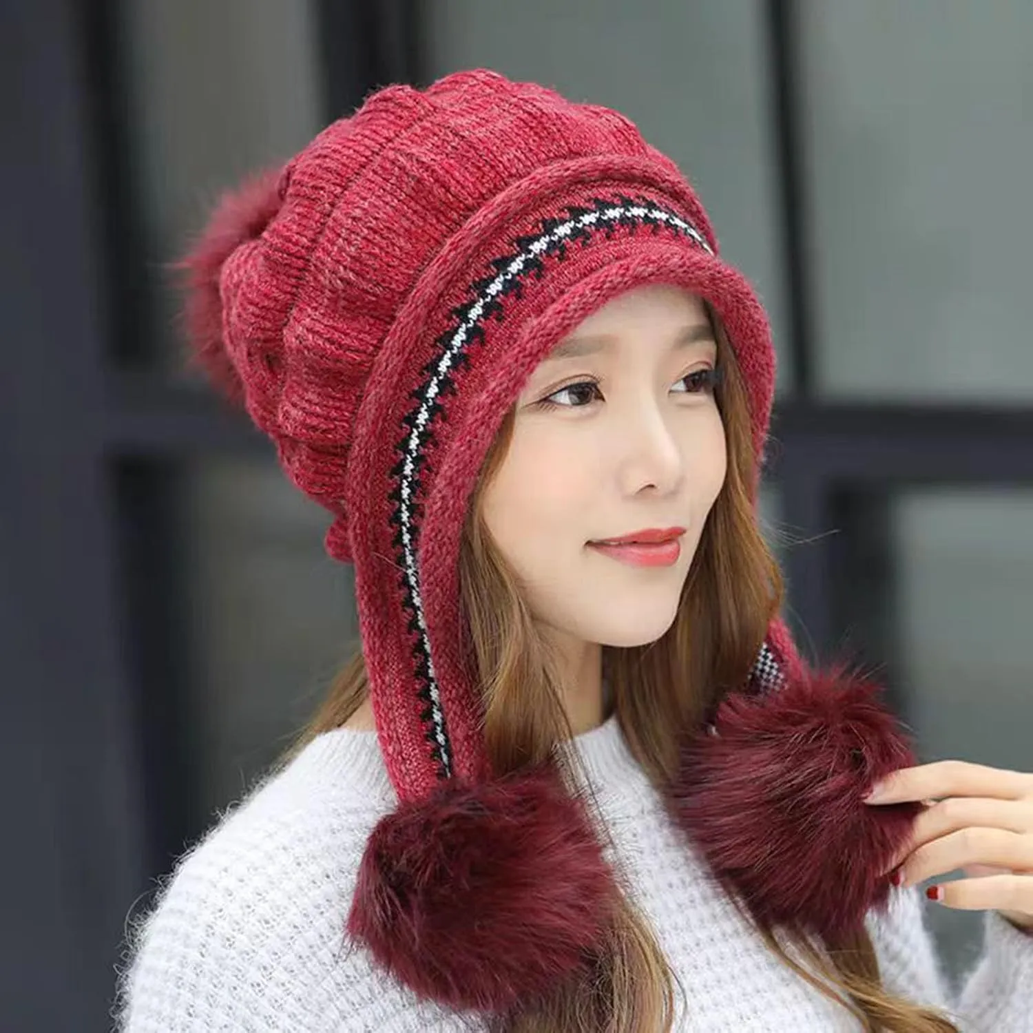 Women Winter Beanie Hat with Pompoms Ski Snow Ear Flaps Sherpa Knit Thick Warm Soft Hats Windproof for Cold Weather