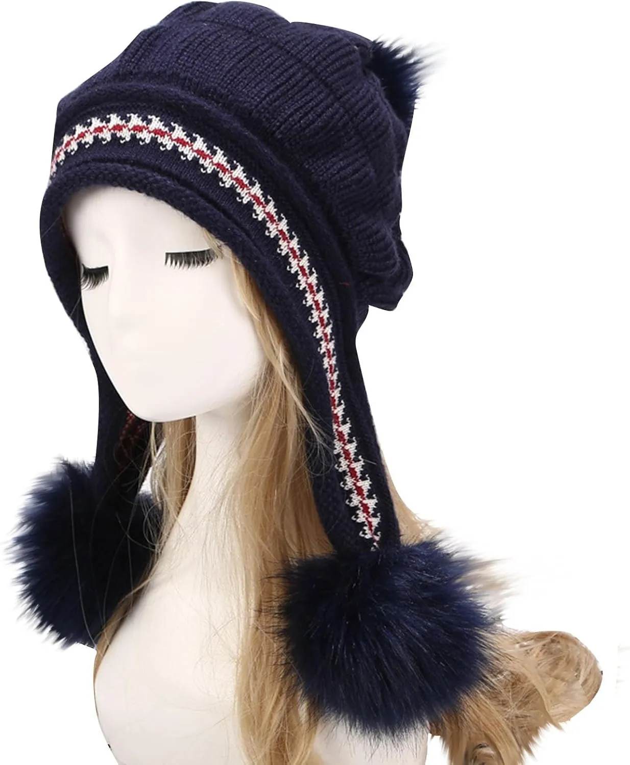 Women Winter Beanie Hat with Pompoms Ski Snow Ear Flaps Sherpa Knit Thick Warm Soft Hats Windproof for Cold Weather
