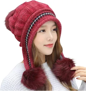 Women Winter Beanie Hat with Pompoms Ski Snow Ear Flaps Sherpa Knit Thick Warm Soft Hats Windproof for Cold Weather