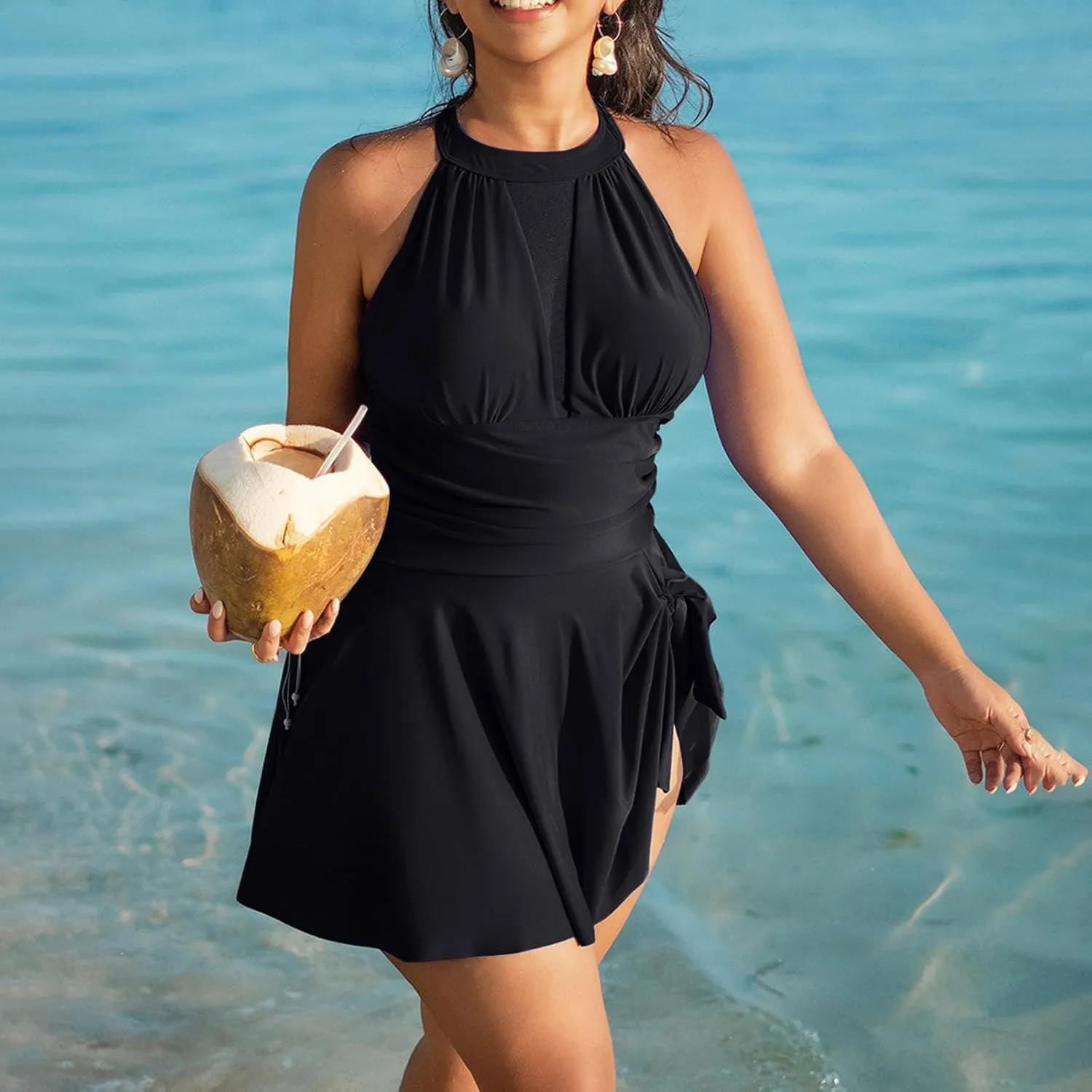 Women's Backless Swim Dress Sleeveless Pleated Tummy Control Swimwear One Piece Sexy Slimming Swimsuits