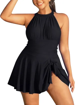 Women's Backless Swim Dress Sleeveless Pleated Tummy Control Swimwear One Piece Sexy Slimming Swimsuits