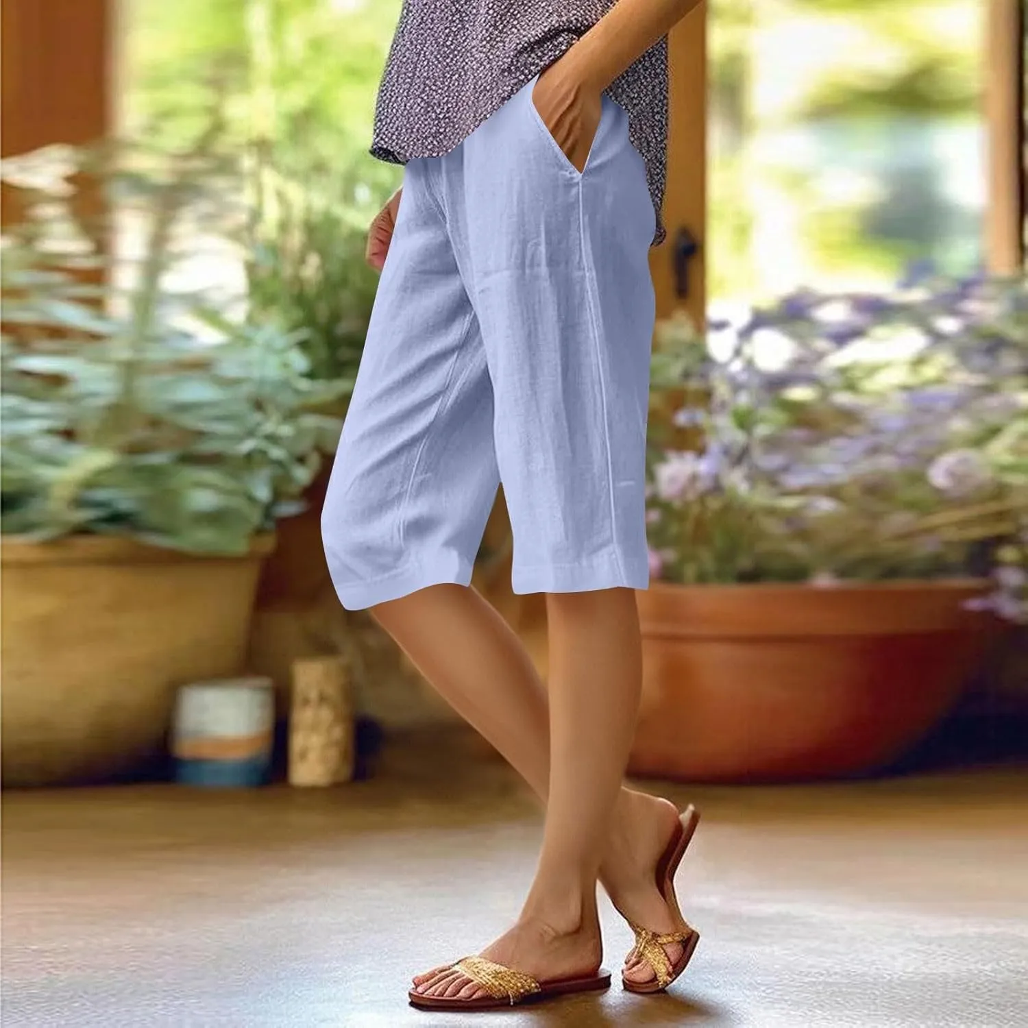 Women's Bermuda Shorts Cotton Linen Knee Length Shorts Casual Loose Lightweight Summer Beach Pants with Pockets