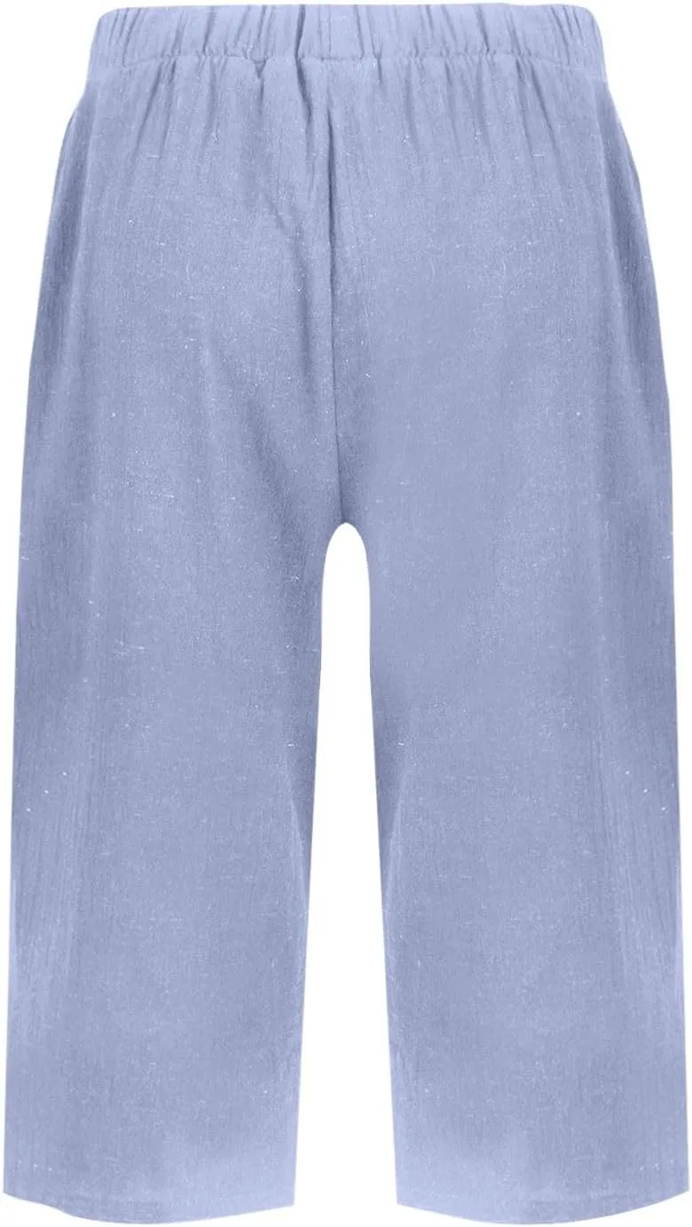 Women's Bermuda Shorts Cotton Linen Knee Length Shorts Casual Loose Lightweight Summer Beach Pants with Pockets