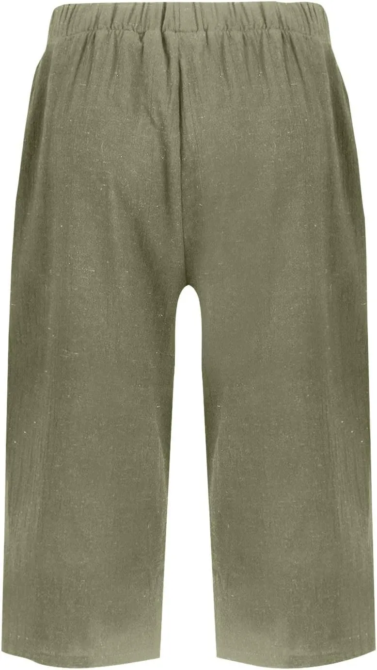 Women's Bermuda Shorts Cotton Linen Knee Length Shorts Casual Loose Lightweight Summer Beach Pants with Pockets
