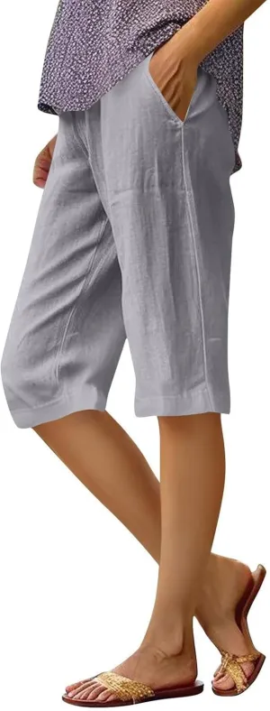 Women's Bermuda Shorts Cotton Linen Knee Length Shorts Casual Loose Lightweight Summer Beach Pants with Pockets