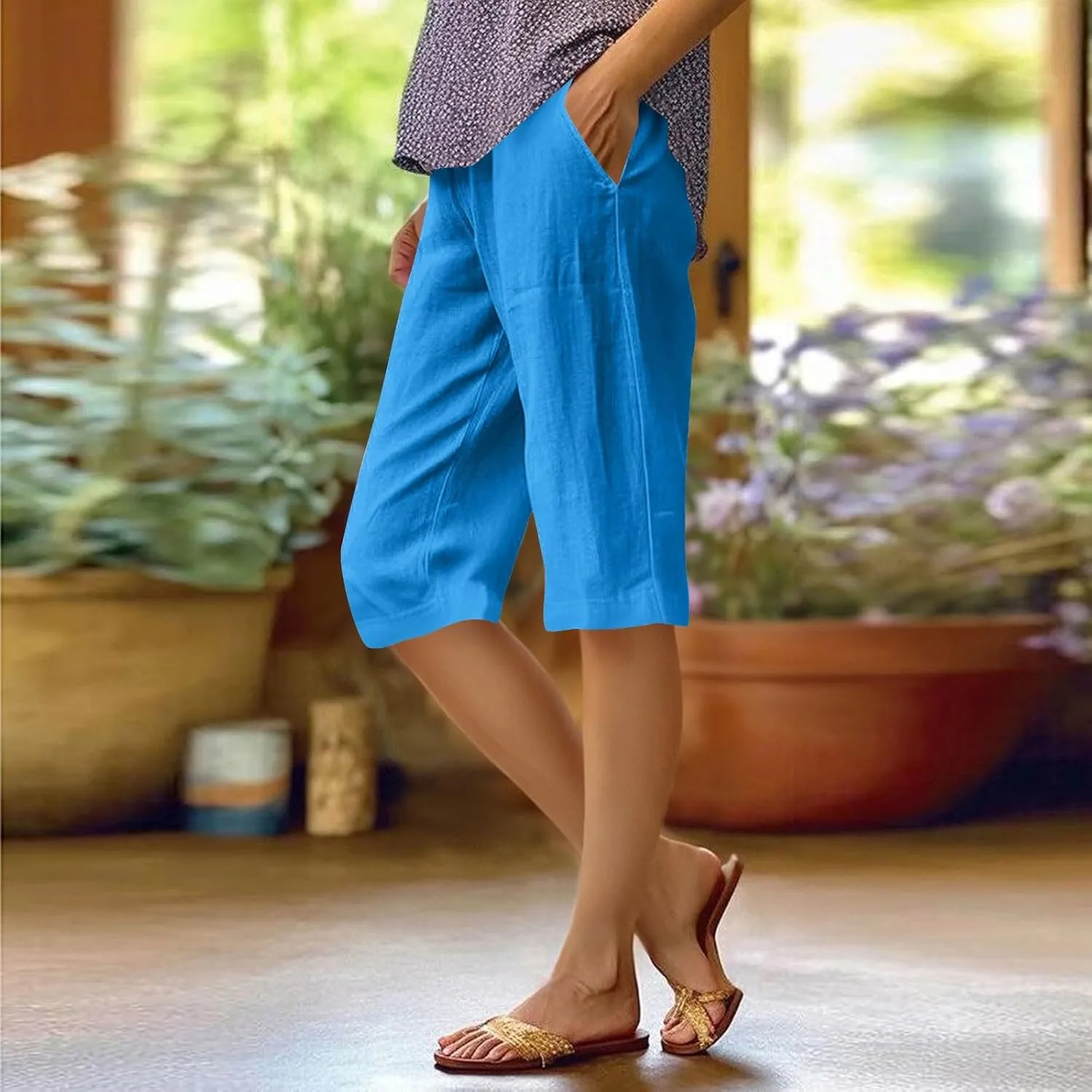 Women's Bermuda Shorts Cotton Linen Knee Length Shorts Casual Loose Lightweight Summer Beach Pants with Pockets