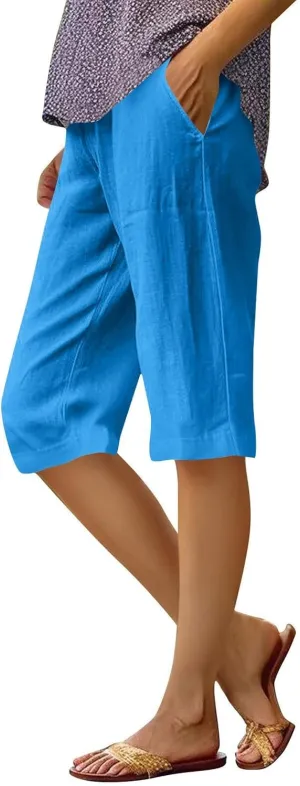 Women's Bermuda Shorts Cotton Linen Knee Length Shorts Casual Loose Lightweight Summer Beach Pants with Pockets
