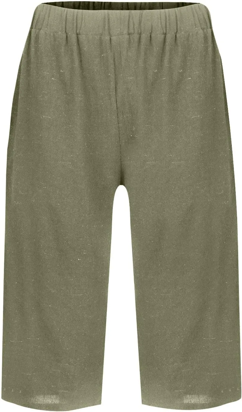 Women's Bermuda Shorts Cotton Linen Knee Length Shorts Casual Loose Lightweight Summer Beach Pants with Pockets
