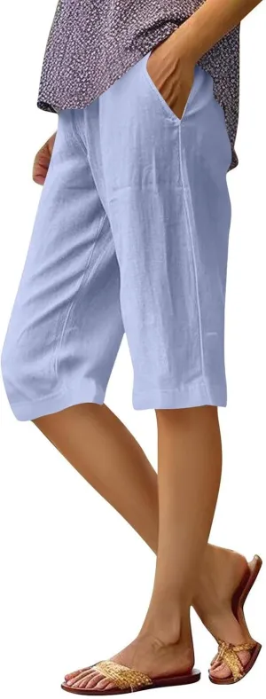 Women's Bermuda Shorts Cotton Linen Knee Length Shorts Casual Loose Lightweight Summer Beach Pants with Pockets