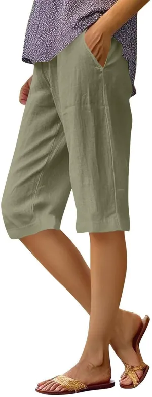 Women's Bermuda Shorts Cotton Linen Knee Length Shorts Casual Loose Lightweight Summer Beach Pants with Pockets