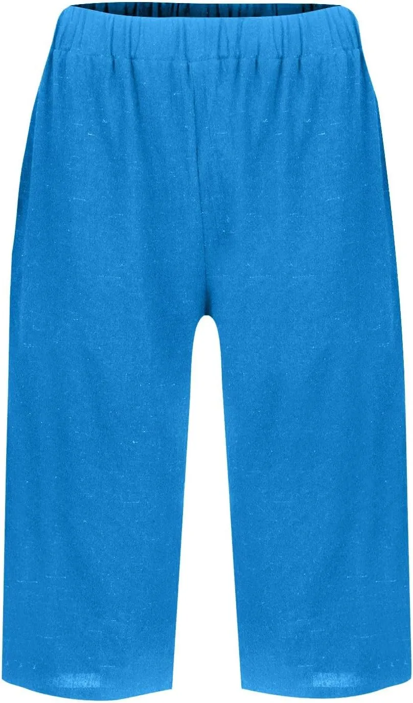 Women's Bermuda Shorts Cotton Linen Knee Length Shorts Casual Loose Lightweight Summer Beach Pants with Pockets