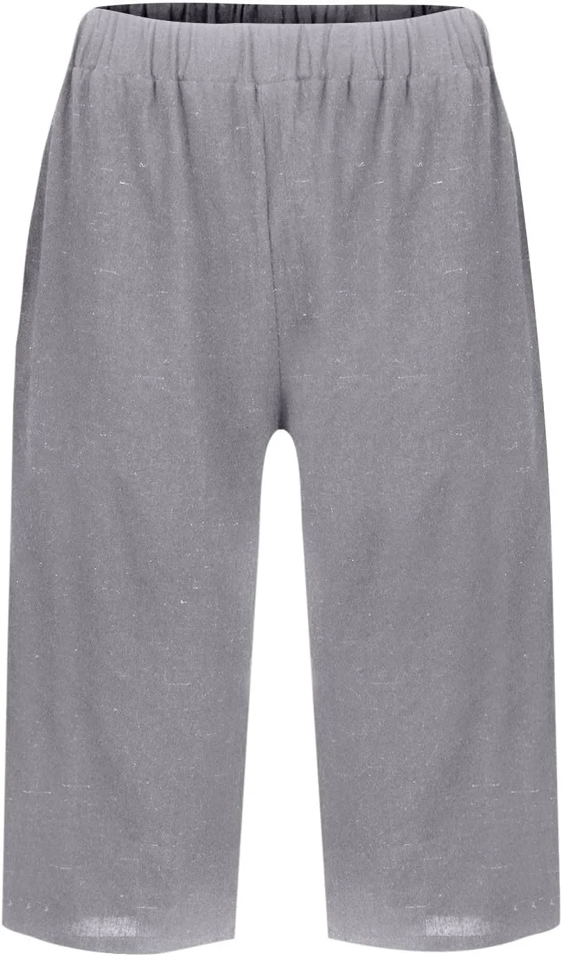 Women's Bermuda Shorts Cotton Linen Knee Length Shorts Casual Loose Lightweight Summer Beach Pants with Pockets