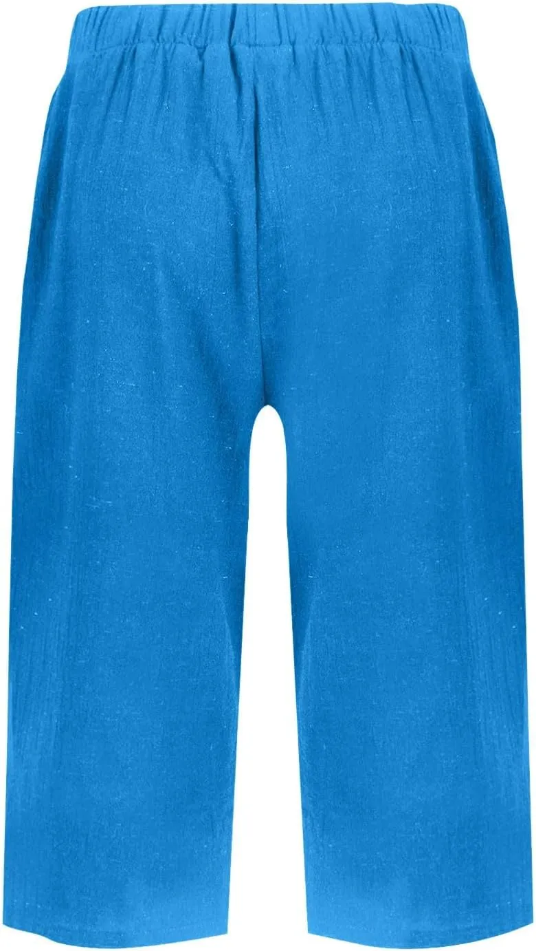 Women's Bermuda Shorts Cotton Linen Knee Length Shorts Casual Loose Lightweight Summer Beach Pants with Pockets