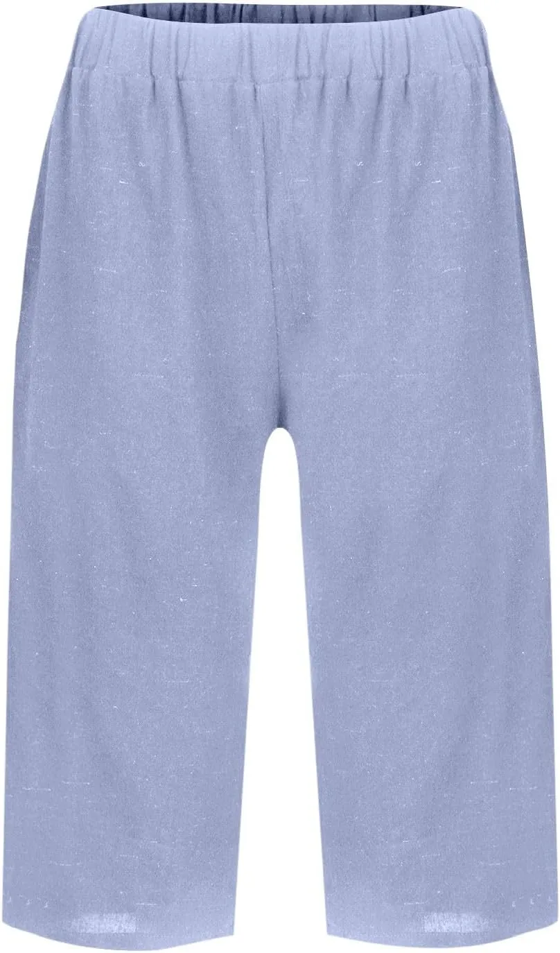 Women's Bermuda Shorts Cotton Linen Knee Length Shorts Casual Loose Lightweight Summer Beach Pants with Pockets