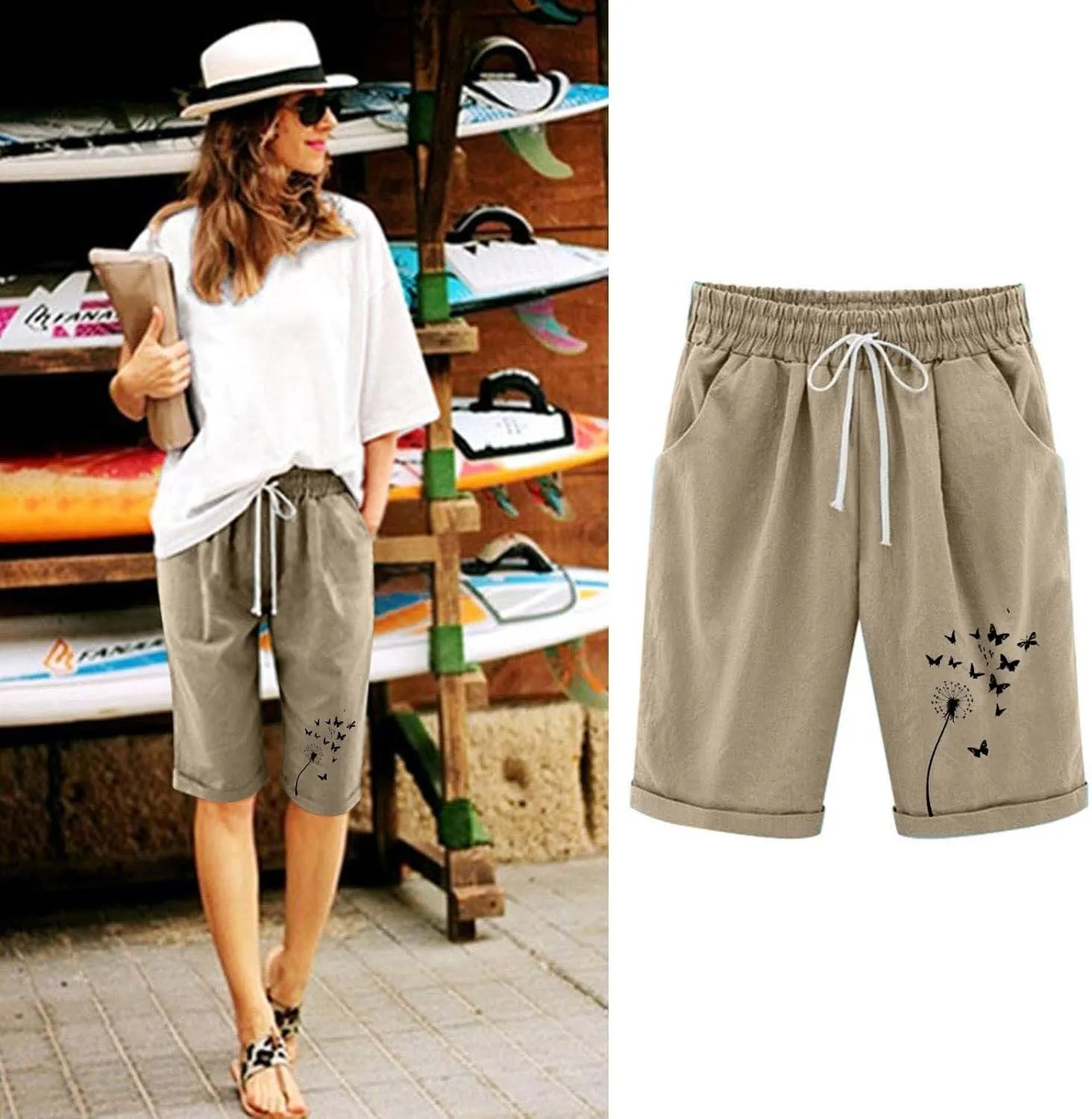 Women's Bermuda Shorts High Waisted Drawstring Workout Short 2025 Summer Casual Beach Knee Length Shorts with Pockets