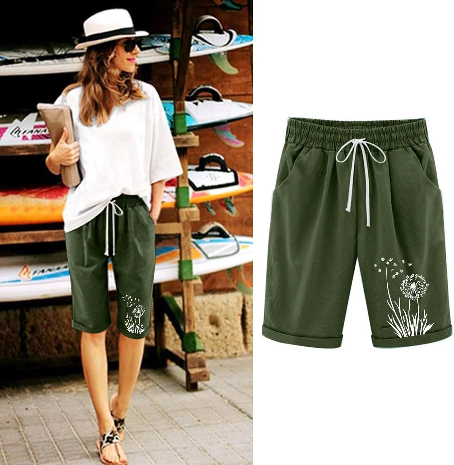 Women's Bermuda Shorts High Waisted Drawstring Workout Short 2025 Summer Casual Beach Knee Length Shorts with Pockets