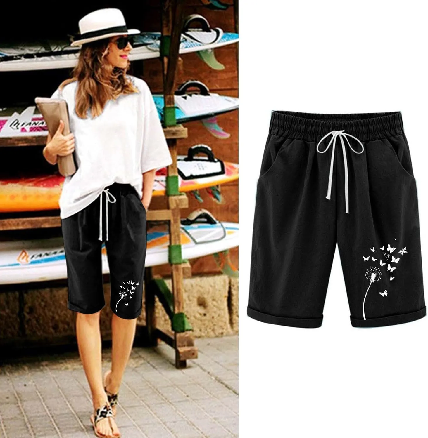 Women's Bermuda Shorts High Waisted Drawstring Workout Short 2025 Summer Casual Beach Knee Length Shorts with Pockets