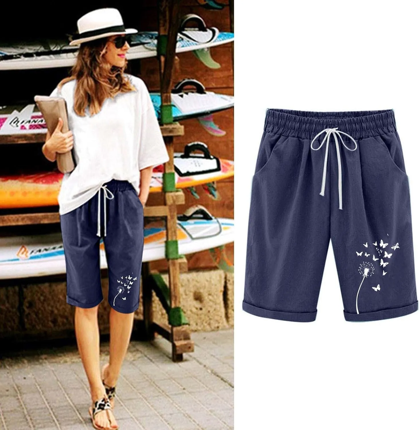 Women's Bermuda Shorts High Waisted Drawstring Workout Short 2025 Summer Casual Beach Knee Length Shorts with Pockets