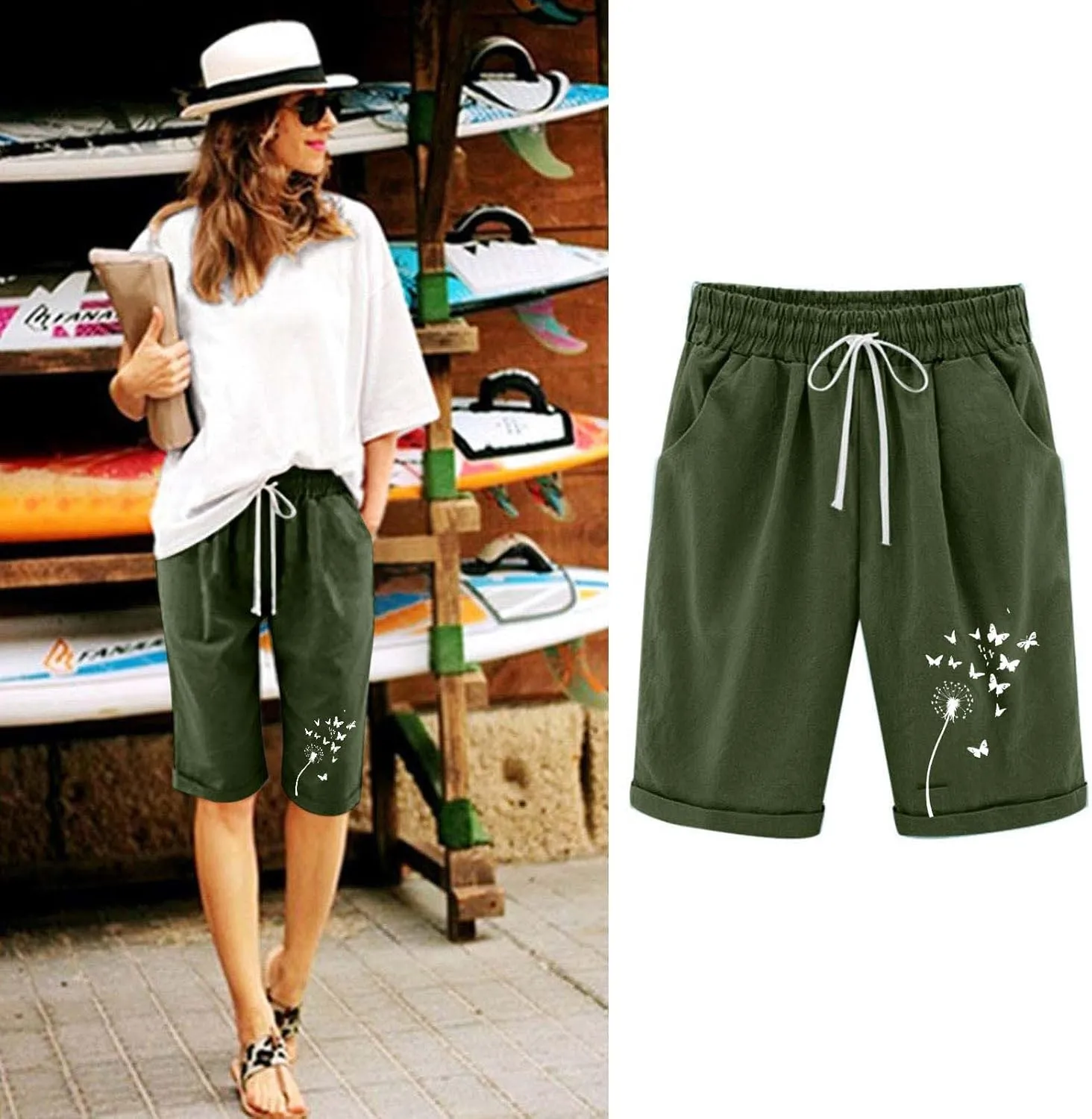 Women's Bermuda Shorts High Waisted Drawstring Workout Short 2025 Summer Casual Beach Knee Length Shorts with Pockets