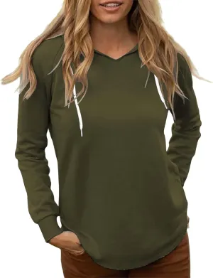 Women's Casual Hoodies V Neck Drawstring Hooded Sweatshirts Fashion Solid Color Lightweight Fall Pullover Shirt Tops