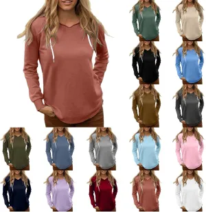Women's Casual Hoodies V Neck Drawstring Hooded Sweatshirts Fashion Solid Color Lightweight Fall Pullover Shirt Tops