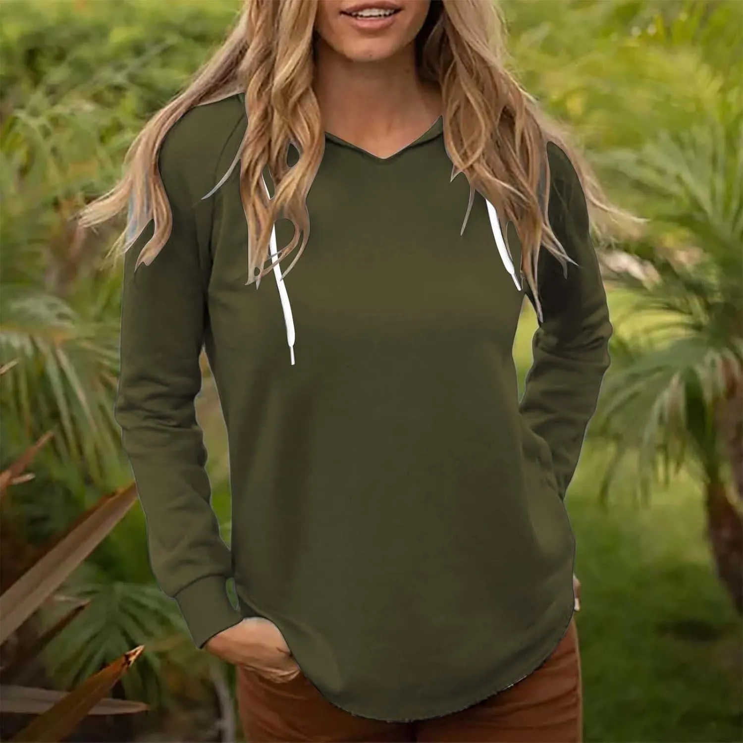Women's Casual Hoodies V Neck Drawstring Hooded Sweatshirts Fashion Solid Color Lightweight Fall Pullover Shirt Tops