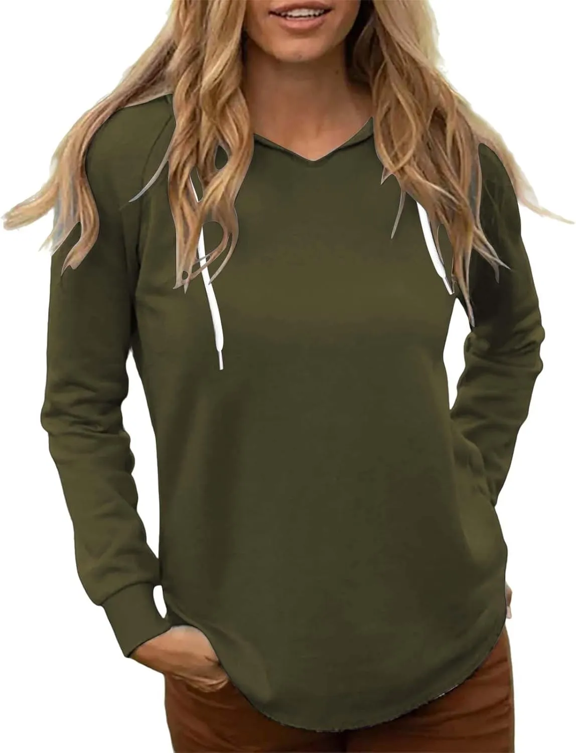 Women's Casual Hoodies V Neck Drawstring Hooded Sweatshirts Fashion Solid Color Lightweight Fall Pullover Shirt Tops