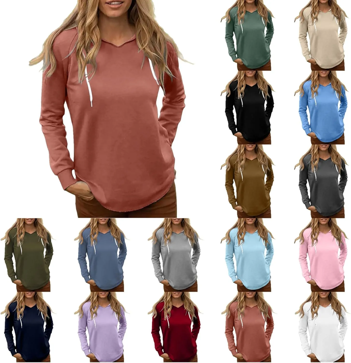Women's Casual Hoodies V Neck Drawstring Hooded Sweatshirts Fashion Solid Color Lightweight Fall Pullover Shirt Tops