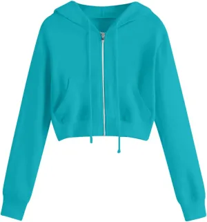 Women's Crop Tops Zip Up Hoodies Teen Girls Fall Jacket Casual Workout Long Sleeve Cropped Sweatshirts Y2K Clothes