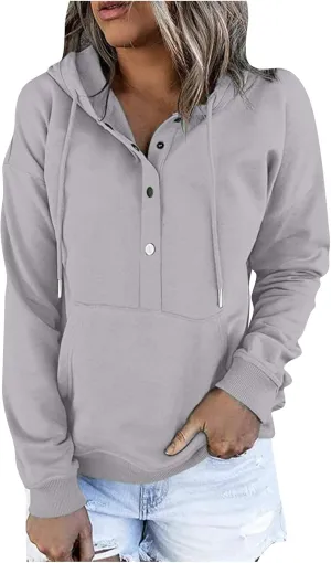 Womens Fall Fashion 2022 Loose Fit Hooded Sweatshirts Buttons/Quarter Zip Pullover Hoodies with Pocket Solid Color Tops