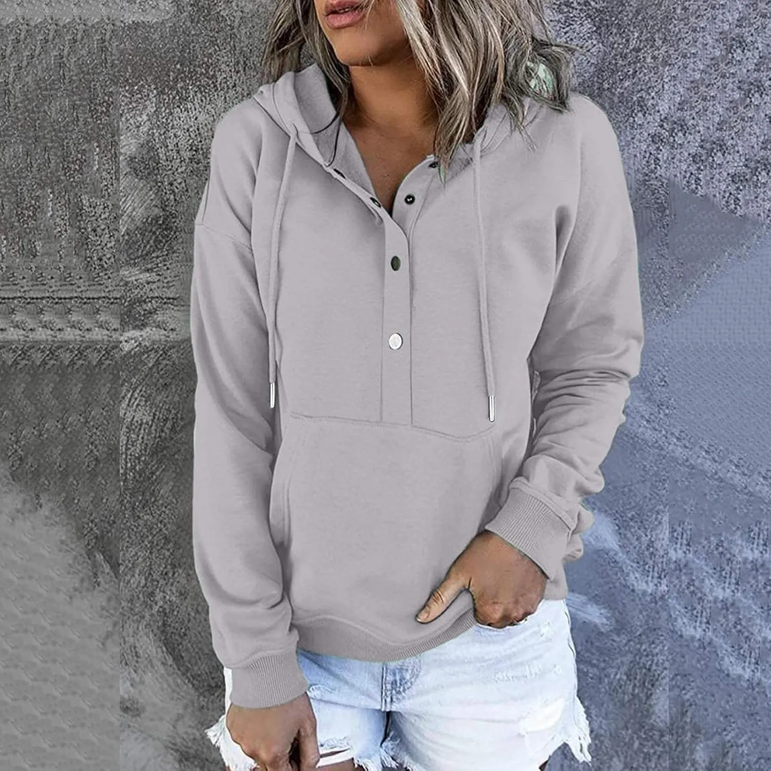 Womens Fall Fashion 2022 Loose Fit Hooded Sweatshirts Buttons/Quarter Zip Pullover Hoodies with Pocket Solid Color Tops