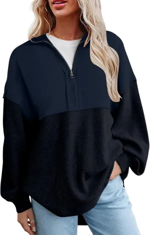 Women'S Fashion Sweatshirts Waffle Knit Sweatshirt Half Zip Cropped Pullover Spliced Fleece Quarter Zipper Sweatshirt