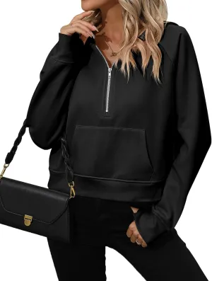 Women's Half Zip Cropped Hoodies Fleece Quarter Zipper Pullover Sweatshirts with Pockets Thumb Hole