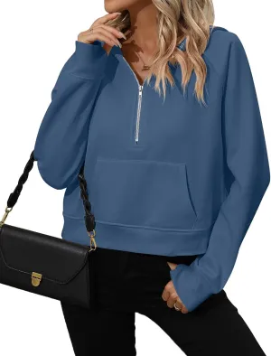Women's Half Zip Cropped Hoodies Fleece Quarter Zipper Pullover Sweatshirts with Pockets Thumb Hole