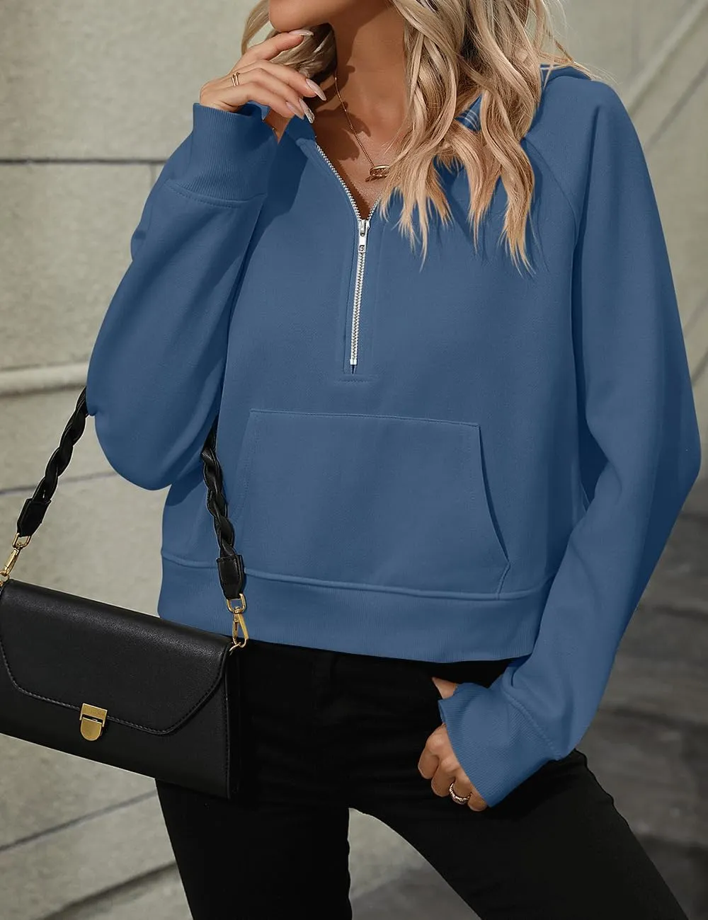 Women's Half Zip Cropped Hoodies Fleece Quarter Zipper Pullover Sweatshirts with Pockets Thumb Hole