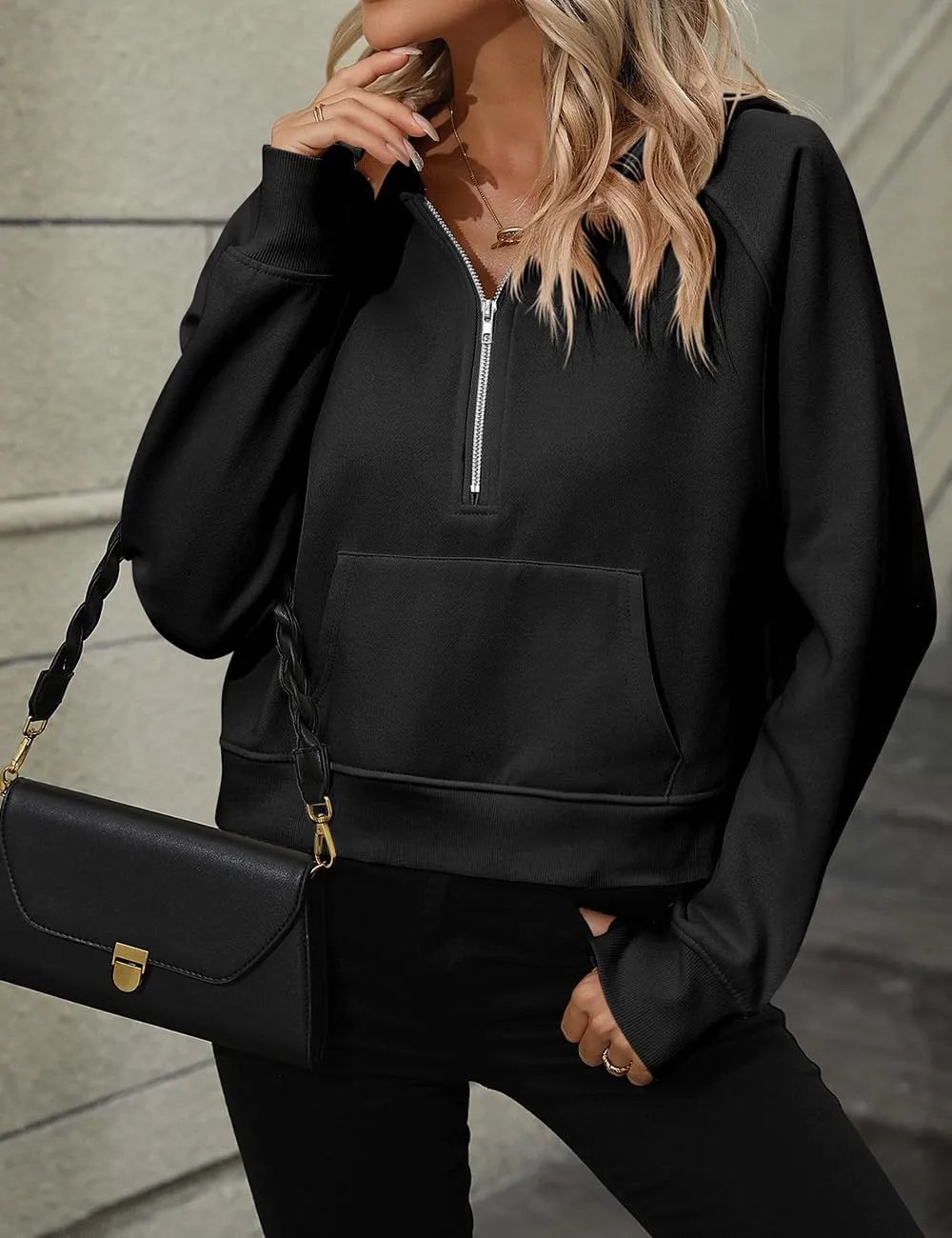 Women's Half Zip Cropped Hoodies Fleece Quarter Zipper Pullover Sweatshirts with Pockets Thumb Hole