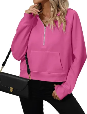 Women's Half Zip Cropped Hoodies Fleece Quarter Zipper Pullover Sweatshirts with Pockets Thumb Hole