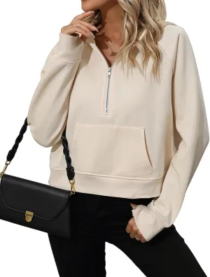 Women's Half Zip Cropped Hoodies Fleece Quarter Zipper Pullover Sweatshirts with Pockets Thumb Hole
